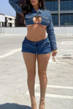 Sky Blue Sexy Solid Hollowed Out Patchwork Buttons Backless Turndown Collar Long Sleeve Two Pieces