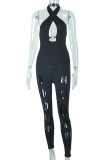 Black Fashion Sexy Solid Hollowed Out Backless Halter Skinny Jumpsuits