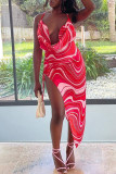 Red Fashion Sexy Print Bandage Backless Slit Spaghetti Strap Sleeveless Dress