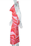 Red Fashion Sexy Print Bandage Backless Slit Spaghetti Strap Sleeveless Dress