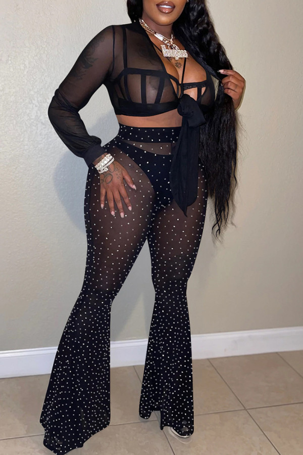 Black Fashion Sexy Patchwork Hot Drilling Bandage See-through V Neck Long Sleeve Three-piece Set