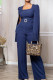 Deep Blue Elegant Solid Patchwork Beading Square Collar Straight Jumpsuits