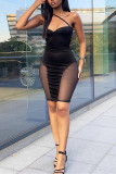 Black Fashion Sexy Solid Patchwork See-through Backless Spaghetti Strap Sleeveless Dress