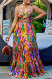 Colour Fashion Sexy Print Hollowed Out Backless Spaghetti Strap Long Dress