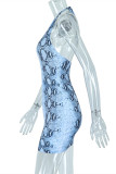 Snake Print Fashion Sexy Print Bandage Backless Halter Sleeveless Dress