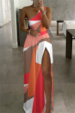 Multicolor Sexy Casual Print Backless Slit Oblique Collar Sleeveless Dress