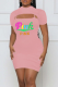 Pink Sexy Print Hollowed Out O Neck Short Sleeve Two Pieces