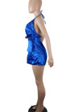 Blue Sexy Print Bandage Patchwork Backless Halter Straight Rompers