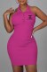 Rose Red Fashion Sexy Print Backless POLO collar Wrapped Skirt Dresses