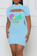 Sky Blue Sexy Print Hollowed Out O Neck Short Sleeve Two Pieces