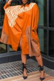 Orange Fashion Casual Print Patchwork Turndown Collar Shirt Dress