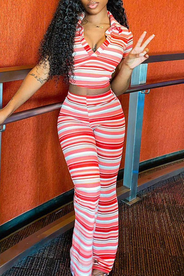 Pink Fashion Casual Striped Print Patchwork V Neck Short Sleeve Two Pieces