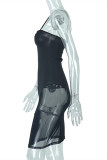 Black Fashion Sexy Solid Patchwork See-through Backless Spaghetti Strap Sleeveless Dress