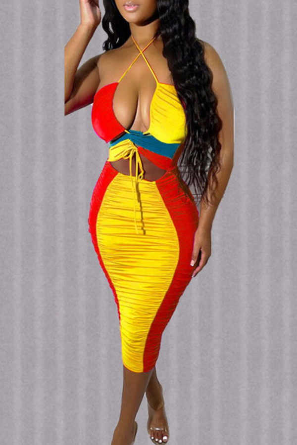 Yellow Sexy Solid Bandage Hollowed Out Patchwork Fold Halter Pencil Skirt Dresses