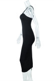 Black Fashion Sexy Solid Hollowed Out Backless Spaghetti Strap Sleeveless Dress