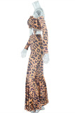 Leopard Print Fashion Sexy Print Leopard Patchwork Backless Off the Shoulder Long Sleeve Two Pieces