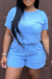 Color Blue Casual Solid Draw String Regular Rompers