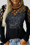 Black Sexy Solid Patchwork Hot Drill O Neck Tops