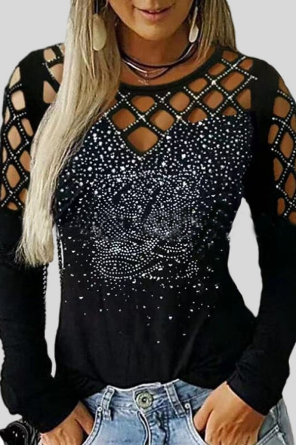 Black Sexy Solid Patchwork Hot Drill O Neck Tops