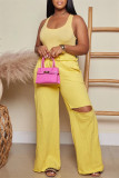 Pink Fashion Casual Solid Ripped U Neck Sleeveless Two Pieces