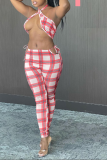 Red Sexy Plaid Patchwork Halter Sleeveless Two Pieces