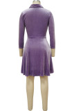 Purple Casual Solid Patchwork Buckle Turndown Collar A Line Dresses
