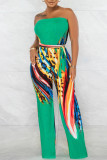 Green Fashion Sexy Print Backless Strapless Regular Jumpsuits