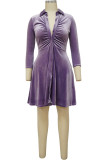 Purple Casual Solid Patchwork Buckle Turndown Collar A Line Dresses