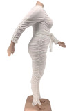 White Sexy Solid Bandage Patchwork Fold V Neck Plus Size Two Pieces