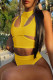 Yellow Sexy Solid Hollowed Out Backless O Neck Sleeveless Two Pieces