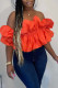 Orange Red Sexy Solid Patchwork Flounce Fold Off the Shoulder T-Shirts
