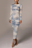 Blue Sexy Patchwork Tie-dye O Neck Sheath Dresses