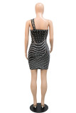Red Fashion Sexy Patchwork Hot Drilling Backless One Shoulder Sleeveless Dress Dresses