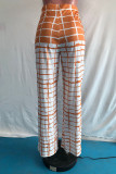 Yellow Fashion Casual Plaid Print Patchwork Regular High Waist Conventional Full Print Bottoms