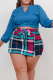 Blue Casual Print Hollowed Out O Neck Long Sleeve Two Pieces