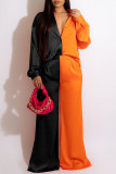Coffee Casual Solid Patchwork Buckle Turndown Collar Long Sleeve Two Pieces
