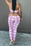 Red Sexy Plaid Patchwork Halter Sleeveless Two Pieces