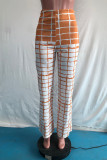 Yellow Fashion Casual Plaid Print Patchwork Regular High Waist Conventional Full Print Bottoms