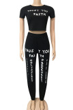 Black Casual Letter Print Solid Patchwork O Neck Short Two Pieces