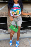 White Fashion Casual Print Patchwork O Neck T-Shirts