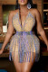 Apricot Fashion Sexy Patchwork Hot Drilling Tassel Backless V Neck Sleeveless Two Pieces