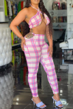 Red Sexy Plaid Patchwork Halter Sleeveless Two Pieces