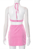 Pink Fashion Sexy Solid Bandage Backless Halter Sleeveless Dress Dresses