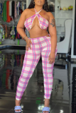 Red Sexy Plaid Patchwork Halter Sleeveless Two Pieces