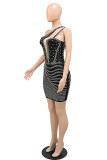 Red Fashion Sexy Patchwork Hot Drilling Backless One Shoulder Sleeveless Dress Dresses