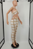 Red Sexy Plaid Patchwork Halter Sleeveless Two Pieces