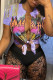 Purple Sexy Print Tassel Bandage Patchwork See-through Short Sleeve Two Pieces