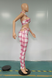 Red Sexy Plaid Patchwork Halter Sleeveless Two Pieces