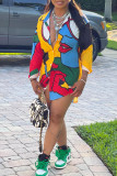 Multicolor Casual Street Print Patchwork Buckle Turndown Collar Shirt Dress Dresses