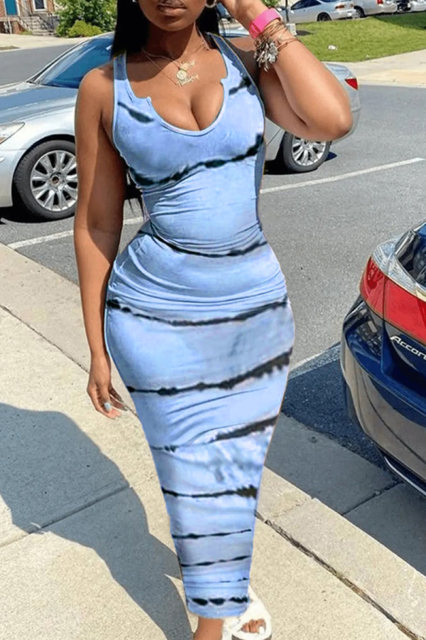 Sky Blue Sexy Striped Patchwork U Neck Pencil Skirt Dresses